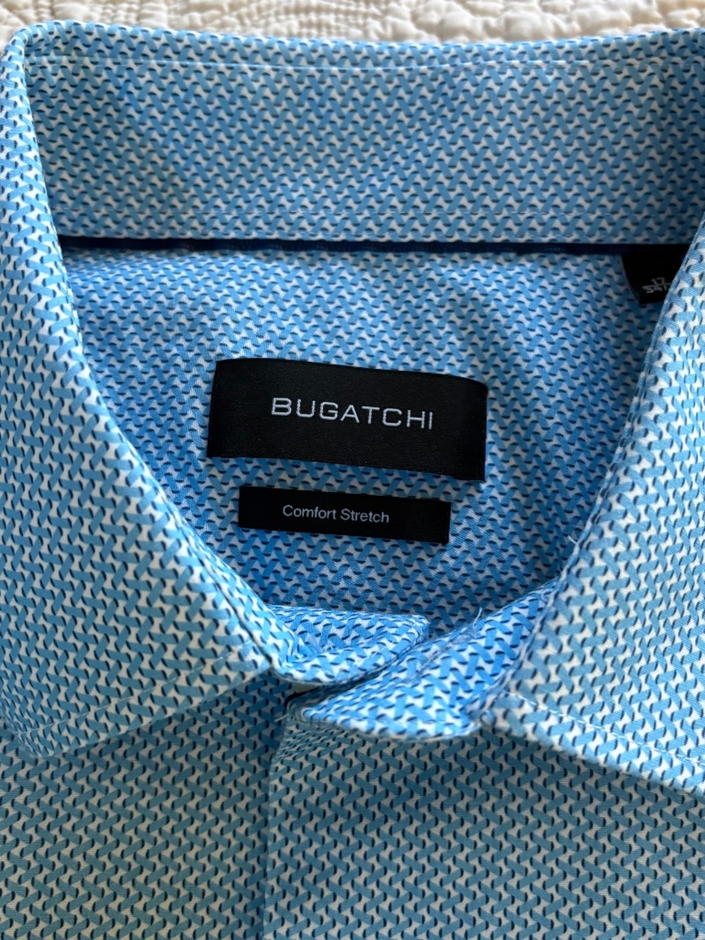 Bugatchi Mens Blue Geometric Comfort Stretch Dress Shirt 17 34/35